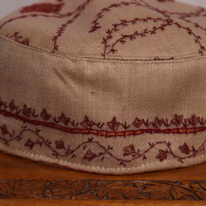 Beige Kashmiri Cap with Hand Sozni Embroidery - Image 2