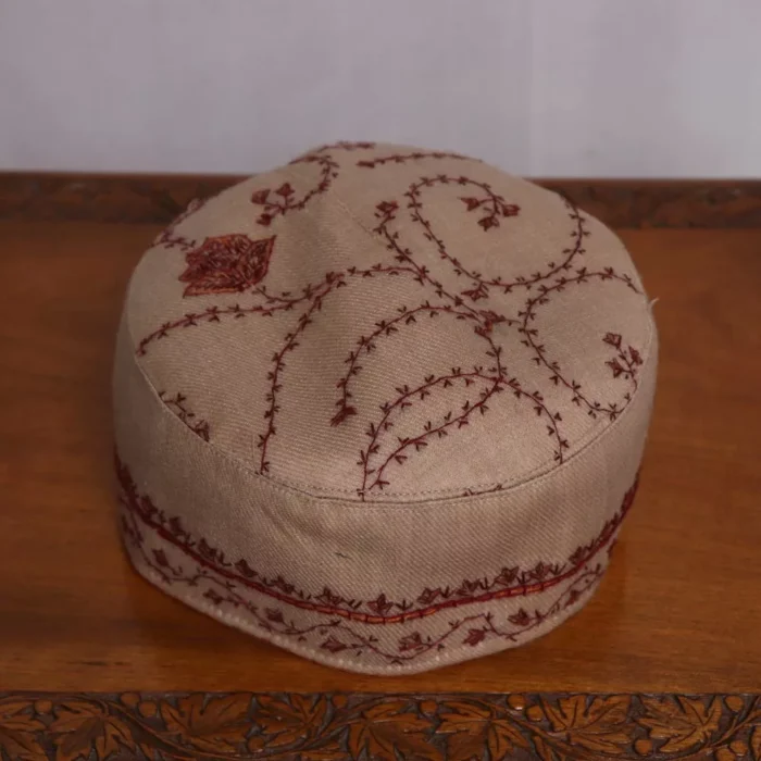 Beige Kashmiri Cap with Hand Sozni Embroidery - Image 3