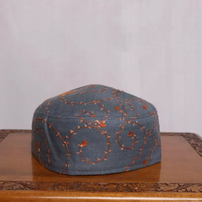 Slate Gray Sozni Toosha Cap with Orange Embroidery