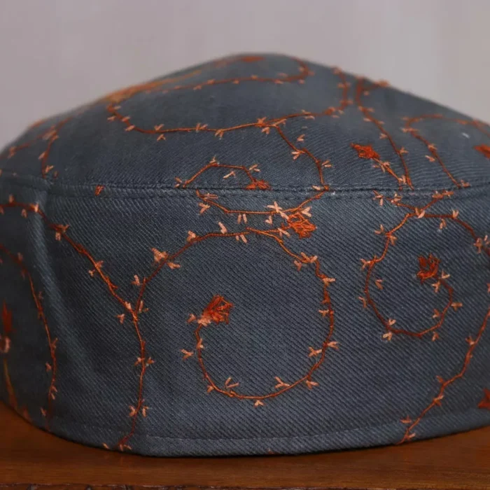 Slate Gray Sozni Toosha Cap with Orange Embroidery - Image 2