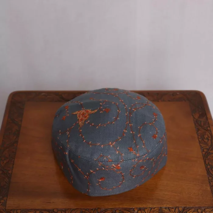 Slate Gray Sozni Toosha Cap with Orange Embroidery - Image 3