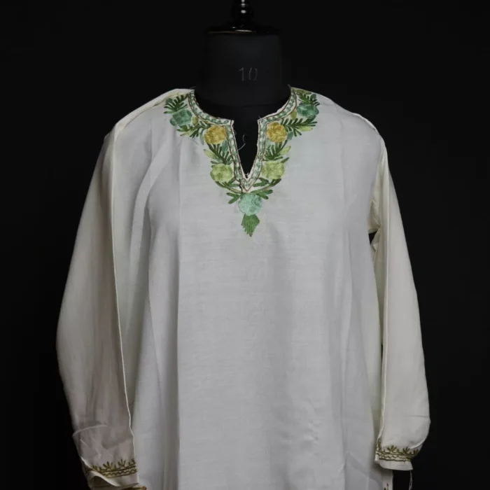 Tulmul  White Summer Cotton  Kurta with Aari Embroidery - Image 2