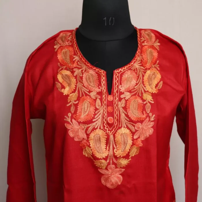 Wazul Red Short Kashmiri Cotton Kurti with Aari Embroidery - Image 2