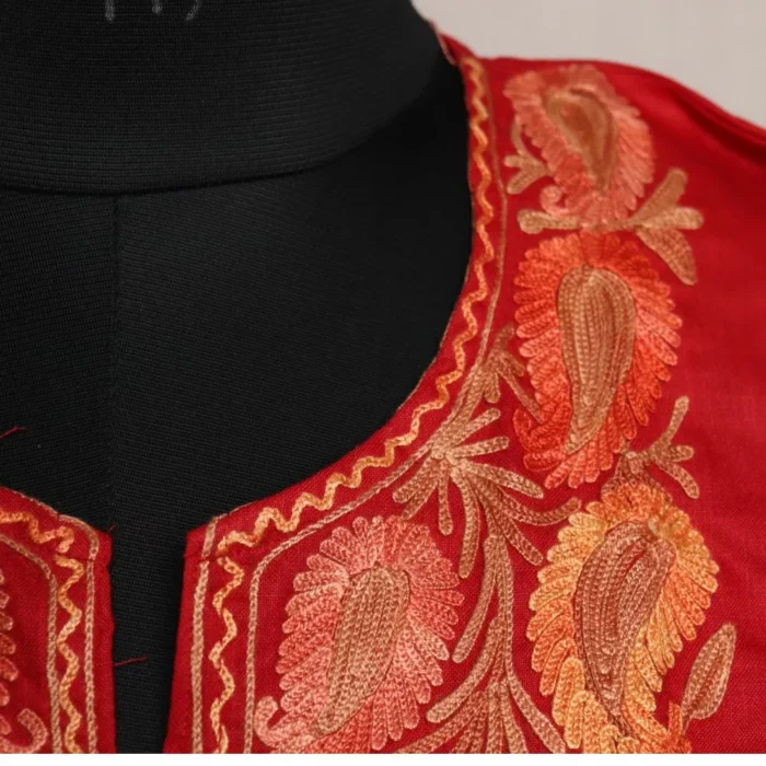 Wazul Red Short Kashmiri Cotton Kurti with Aari Embroidery - Image 3