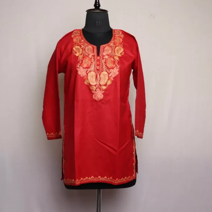 Wazul Red Short Kashmiri Cotton Kurti with Aari Embroidery