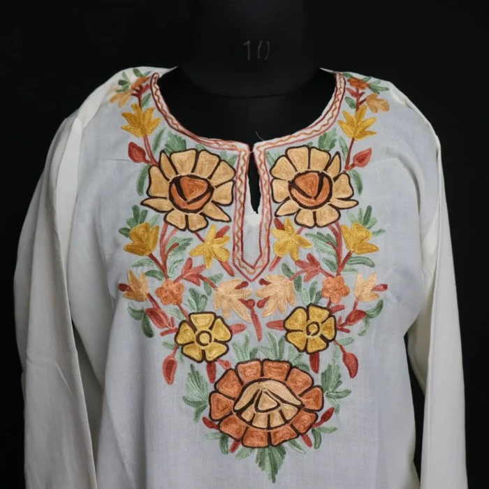 Hamdani White Summer Cool Cotton Kurta with Aari Embroidery - Image 2