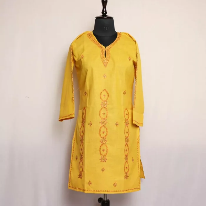 Yellow Kashmiri Ruby Cotton Kurta with Sozni Handwork