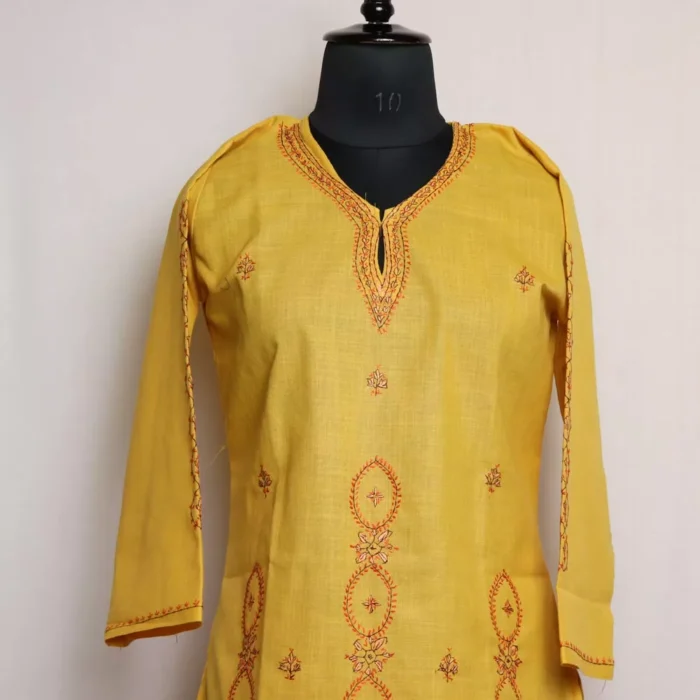 Yellow Kashmiri Ruby Cotton Kurta with Sozni Handwork - Image 2