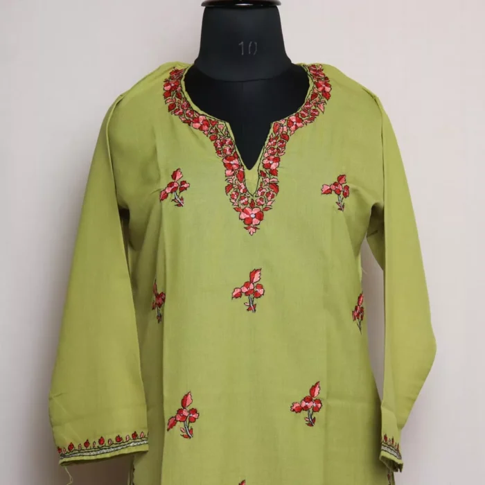 Zafar Green Summer Cotton Kurta with Kashmiri Sozni Handwork - Image 2