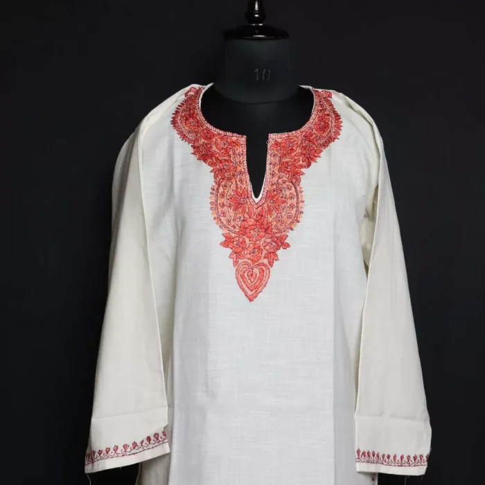 Zoon White Kashmiri Cotton Kurta with  Sozni Handwork - Image 2
