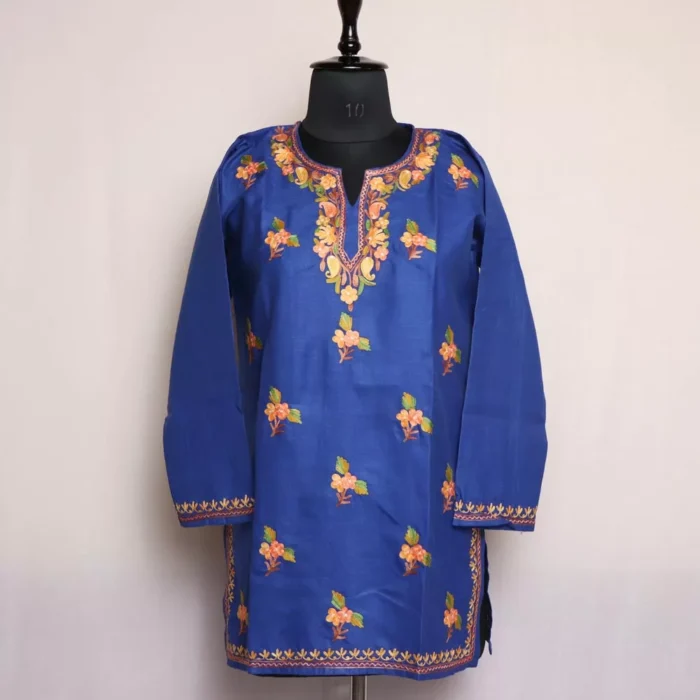 Kashmiri Kurti- Blue Short Ruby Cotton with Aari Embroidery