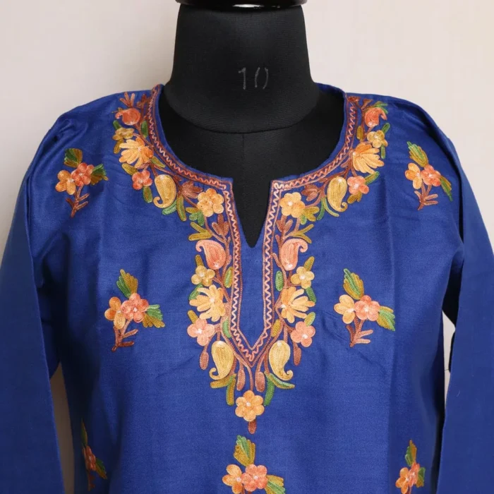 Kashmiri Kurti- Blue Short Ruby Cotton with Aari Embroidery - Image 2
