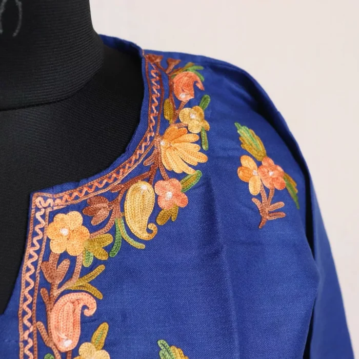 Kashmiri Kurti- Blue Short Ruby Cotton with Aari Embroidery - Image 3