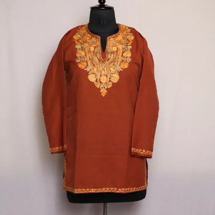Kashmiri Summer Kurti - Brown Short Cotton with Aari Embroidery