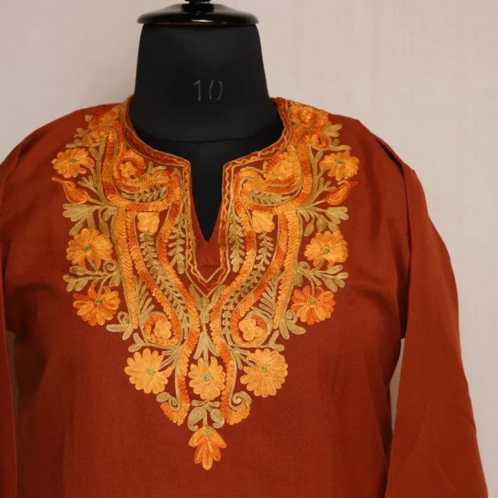Kashmiri Summer Kurti - Brown Short Cotton with Aari Embroidery - Image 2