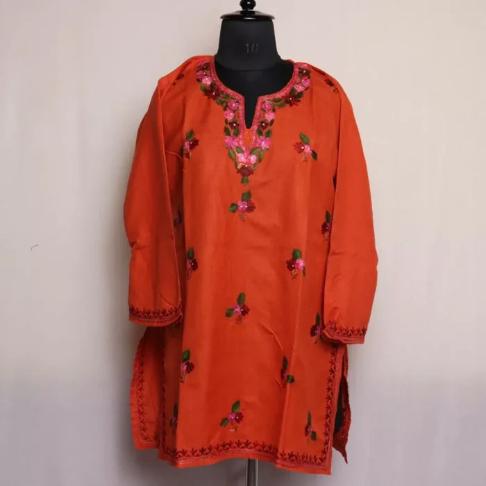 Carrot Red Short Ruby Cotton Kurta with Aari Embroidery