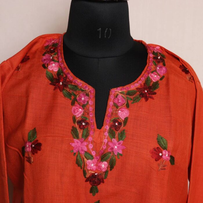 Carrot Red Short Ruby Cotton Kurta with Aari Embroidery - Image 2