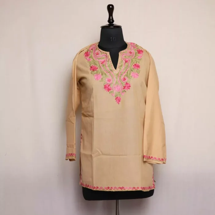 Kashmiri Summer Kurti - Cream Short Cotton with Aari Embroidery