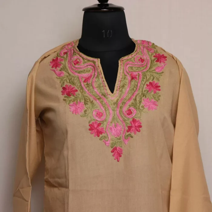 Kashmiri Summer Kurti - Cream Short Cotton with Aari Embroidery - Image 2