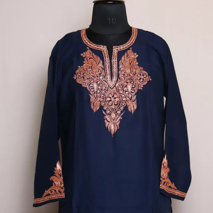 Dark Blue Rayon Cotton Kurti with Tilla Embroidery