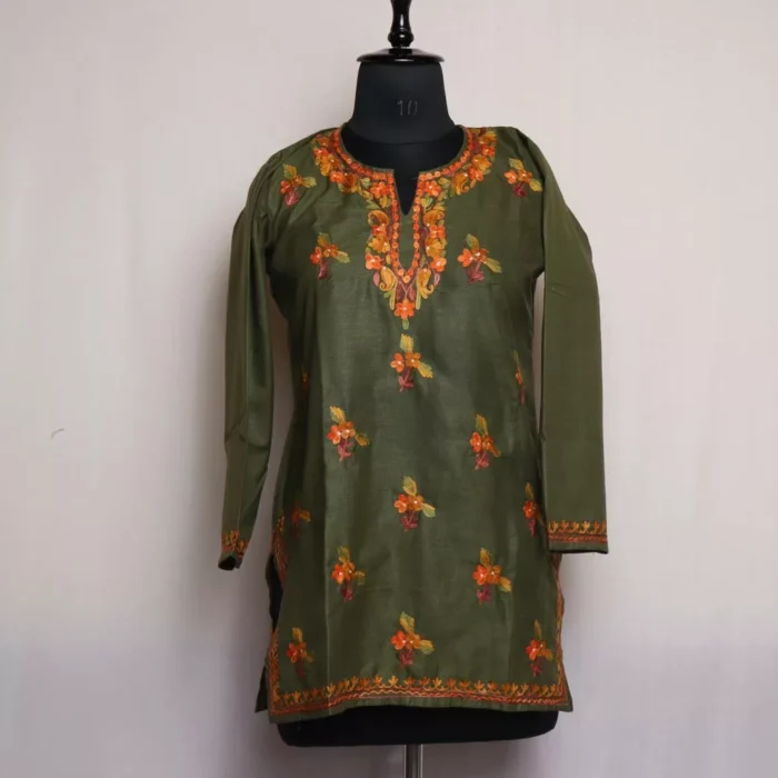 Dark Green Short Ruby Cotton Kurta with Boti Aari Embroidery