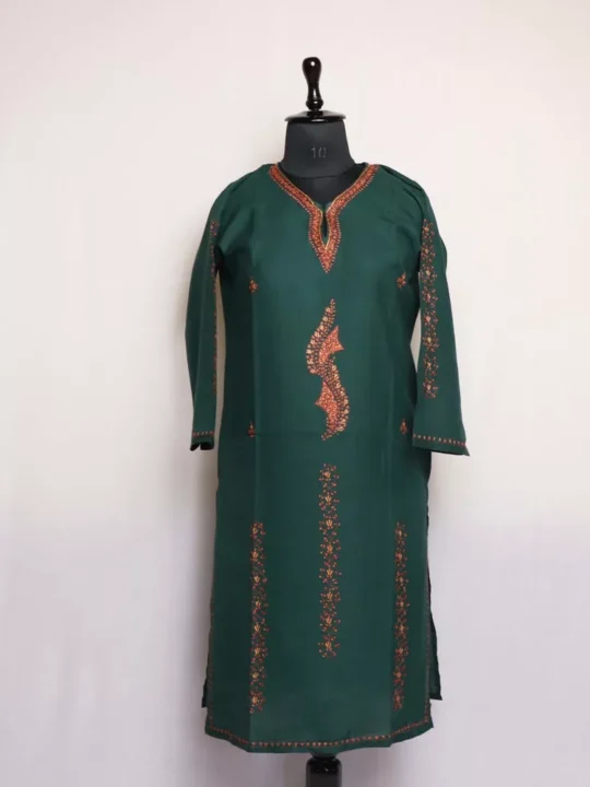 Dark Green Kashmiri Sozni Handwork Cotton Kurta