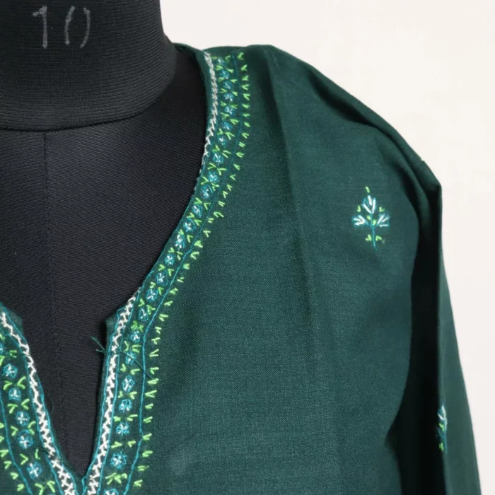 Dark Green Kashmiri Sozni Handwork Cotton Kurta - Image 3