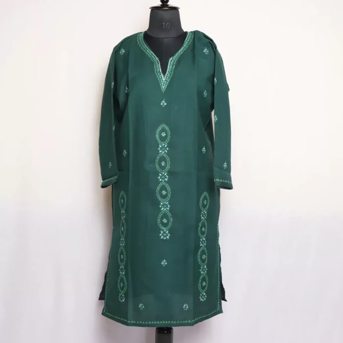 Dark Green Kashmiri Sozni Handwork Cotton Kurta