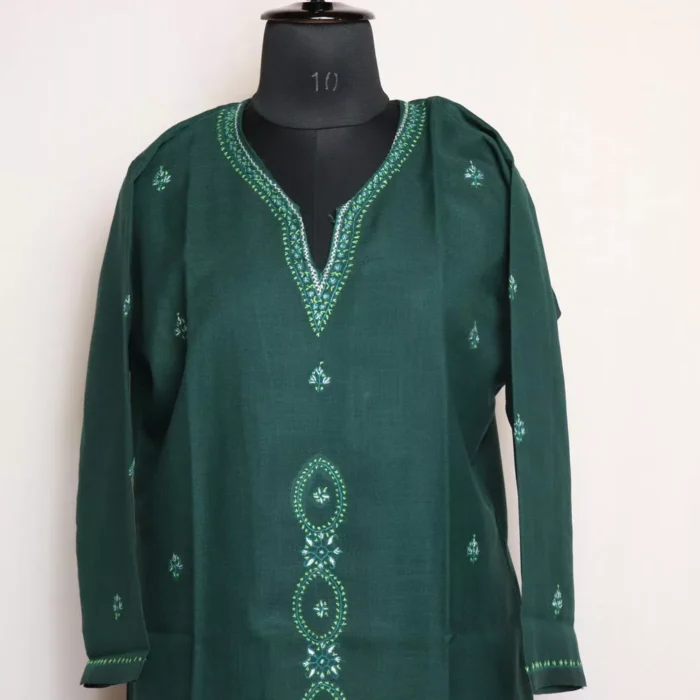 Dark Green Kashmiri Sozni Handwork Cotton Kurta - Image 2