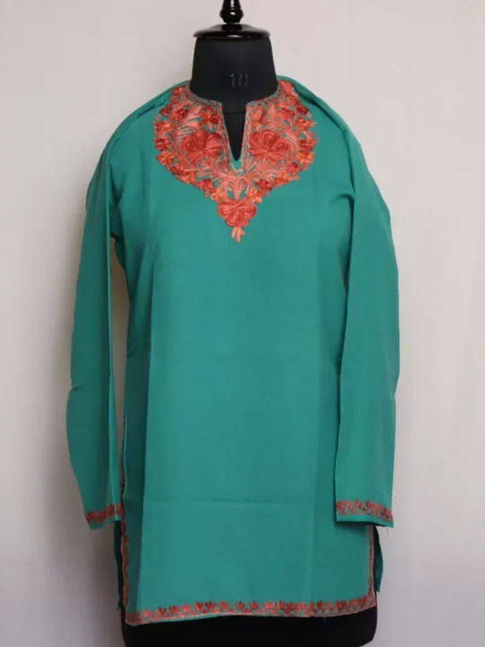 Kashmiri Summer Kurti - Green Short Cotton with Aari Embroidery