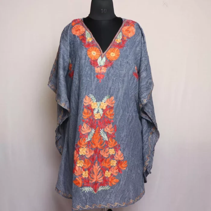 Grey Blue Short Kashmiri Kaftan – Aari Embroidered Crush Cotton