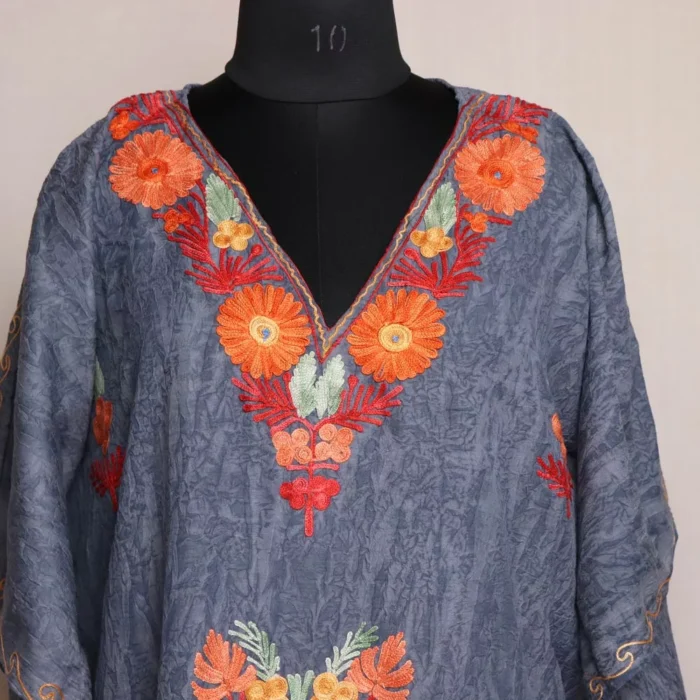 Grey Blue Short Kashmiri Kaftan – Aari Embroidered Crush Cotton - Image 2