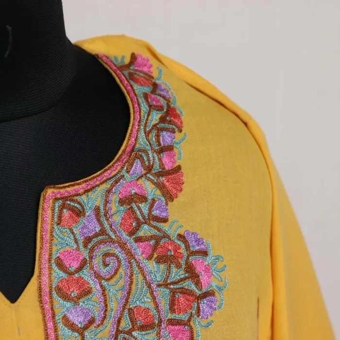 Yellow Kashmiri Aari Handwork Cotton Pheran Set - Image 3