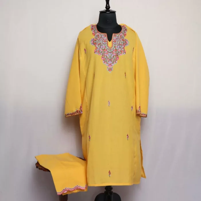 Yellow Kashmiri Aari Handwork Cotton Pheran Set