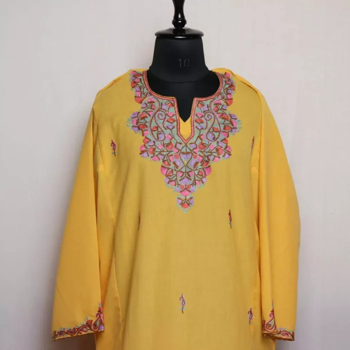 Yellow Kashmiri Aari Handwork Cotton Pheran Set - Image 2