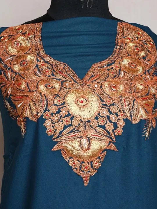 Peacock Blue Rayon Cotton Golden Tilla Embroidered 3pc Suit with white Dupatta and Pant