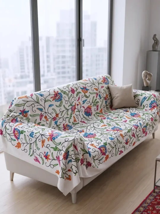 Sofa Throw or Cover with Hand Crewel Embroidery