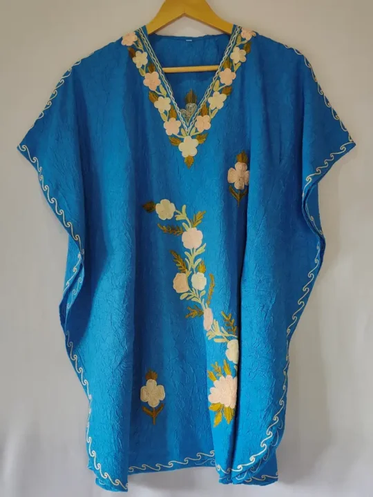 Blue Kashmiri Kaftan Top With Embroidery for Girls | Summer Crush Cotton