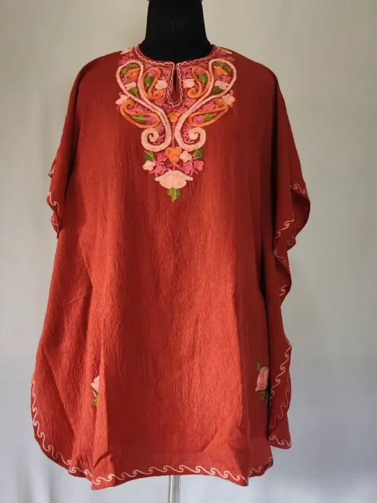 Rust Kashmiri Embroidery Girls Summer Crush Cotton Kaftan