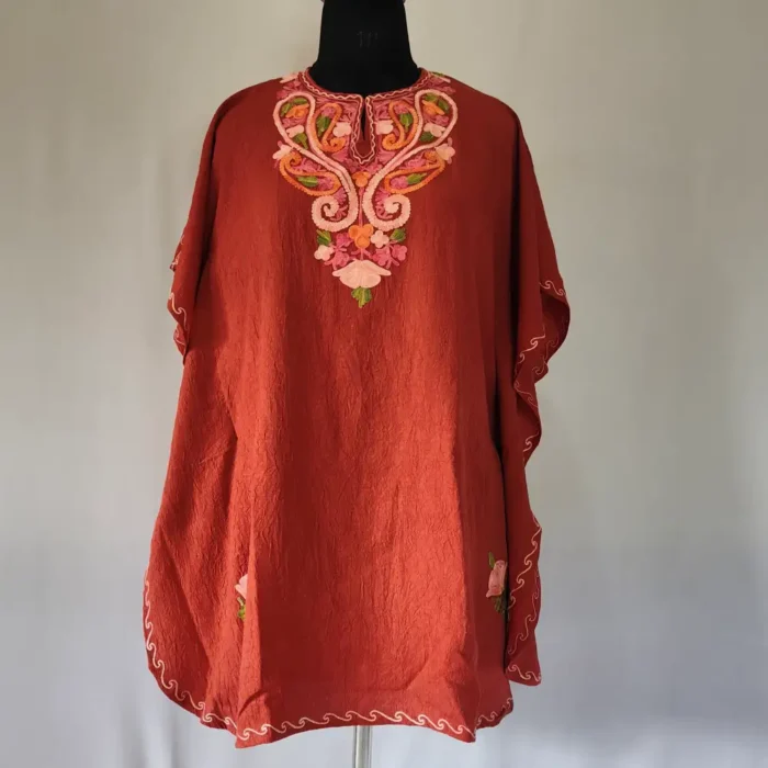 Rust Kashmiri Embroidery Girls Summer Crush Cotton Kaftan