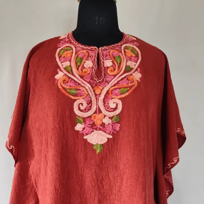 Rust Kashmiri Embroidery Girls Summer Crush Cotton Kaftan - Image 2