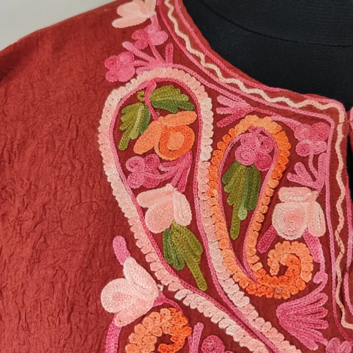 Rust Kashmiri Embroidery Girls Summer Crush Cotton Kaftan - Image 3