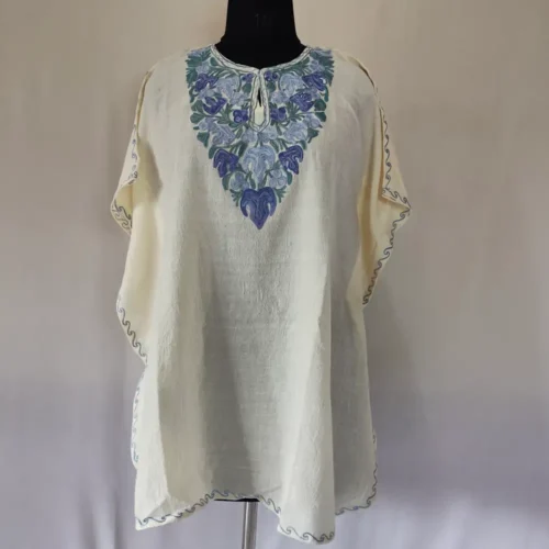 White Chinari Girls Crush Cotton Kaftan for Summer With Kashmiri Embroidery