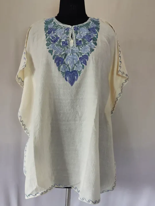 White Chinari Girls Crush Cotton Kaftan for Summer With Kashmiri Embroidery