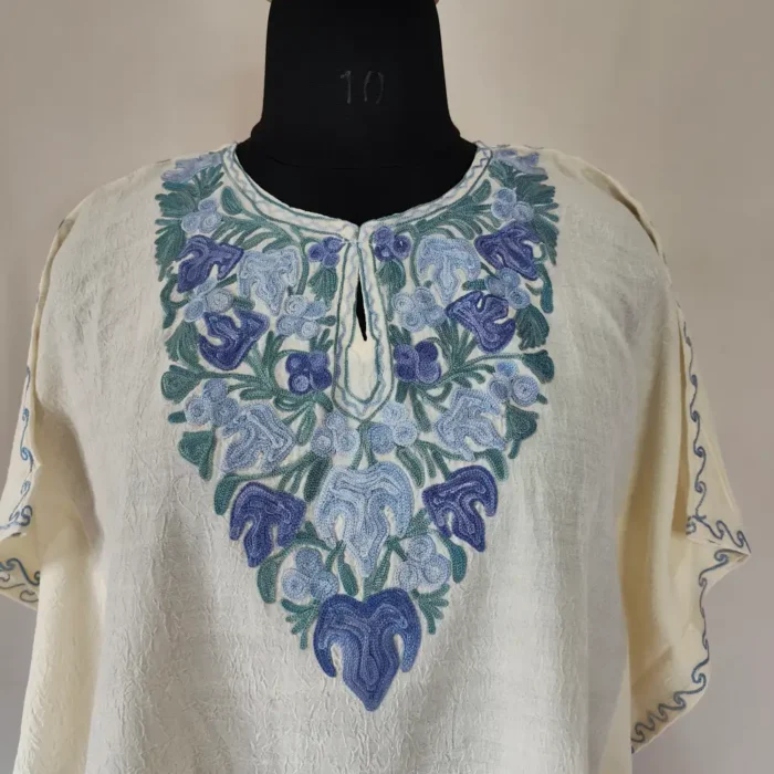 White Chinari Girls Crush Cotton Kaftan for Summer With Kashmiri Embroidery - Image 2