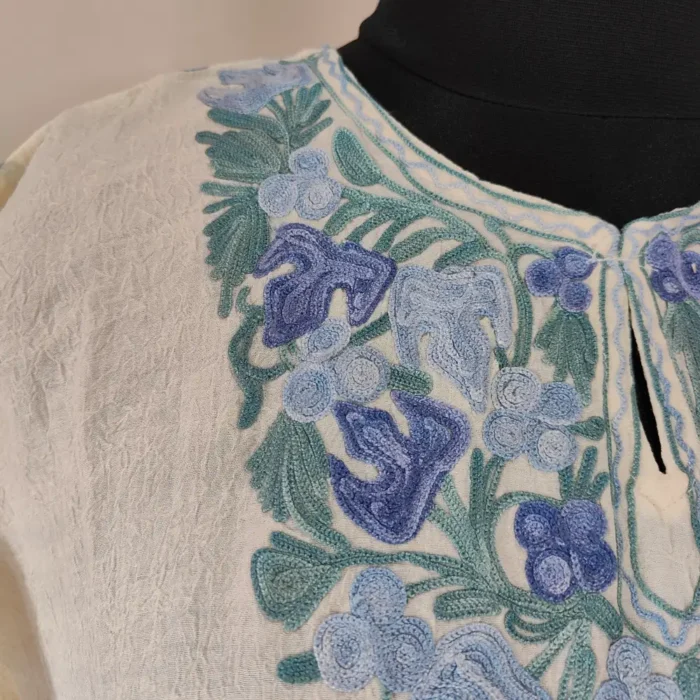 White Chinari Girls Crush Cotton Kaftan for Summer With Kashmiri Embroidery - Image 3