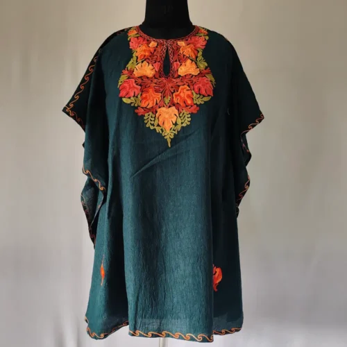 Green Chinari Girls Crush Cotton Kaftan Top for Summer With Kashmiri Embroidery