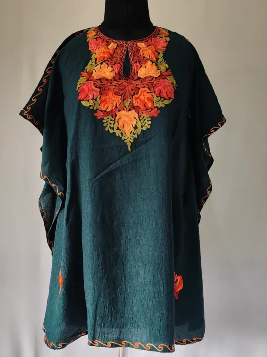 Green Chinari Girls Crush Cotton Kaftan Top for Summer With Kashmiri Embroidery