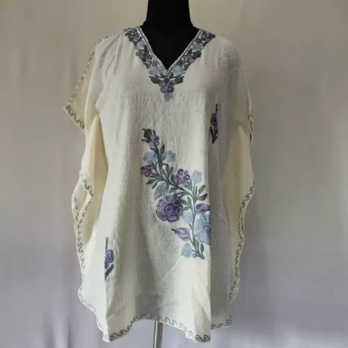 White Daman Girls Crush Cotton Short Kaftan for Summer With Kashmiri Embroidery