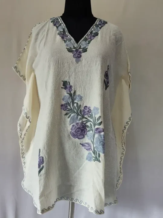 White Daman Girls Crush Cotton Short Kaftan for Summer With Kashmiri Embroidery